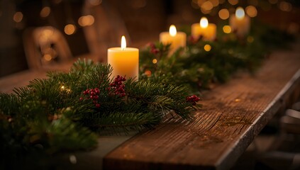 Warm candlelight illuminates a festive pine garland with red berries and bokeh lights creating cozy holiday atmosphere