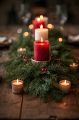 Warm, glowing candles and festive evergreen branches create a magical holiday table setting for cozy winter celebrations.