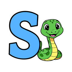 Letter S with Cute Snake Cartoon Vector