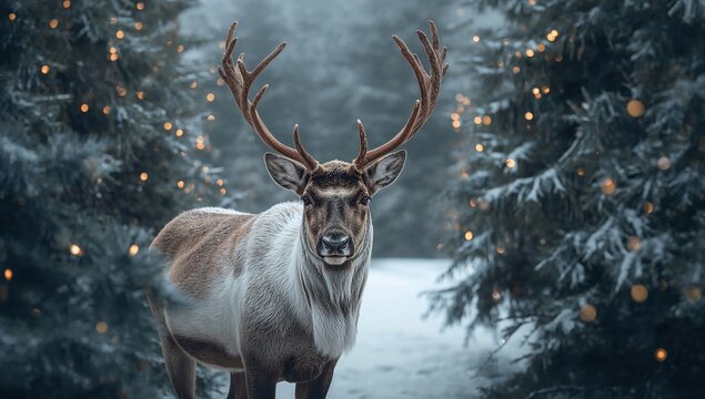 Majestic reindeer stands proudly in a snowy forest adorned with warm, twinkling fairy lights, evoking winter magic and holiday cheer. - Powered by Adobe