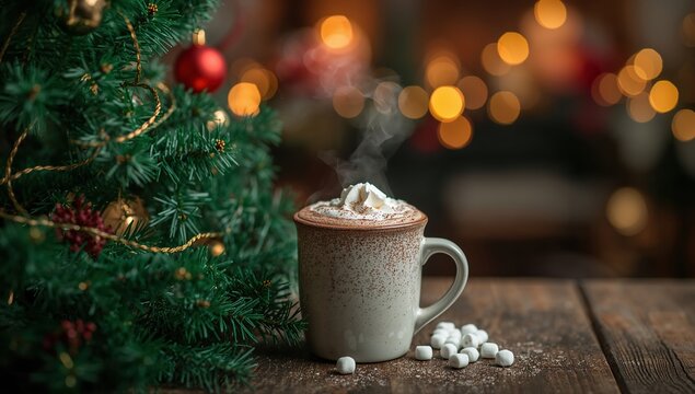 Cozy steaming mug of hot chocolate topped with whipped cream sits by a festive Christmas tree with bokeh lights