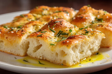 Freshly baked focaccia bread topped with herbs and olive oil served on a plate