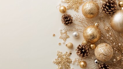 Elegant gold and silver Christmas ornaments with pine cones and snowflakes create a festive holiday border