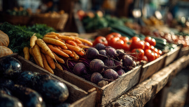 Fresh colorful vegetables displayed at a vibrant outdoor market during sunny daylight hours - Powered by Adobe