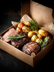 Grilled meats and roasted potatoes served in a rustic takeout box