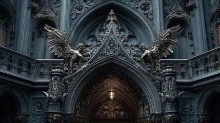 Fototapeta premium Intricate gothic architecture with ornate sculptures and detailed carvings in a historic building entrance