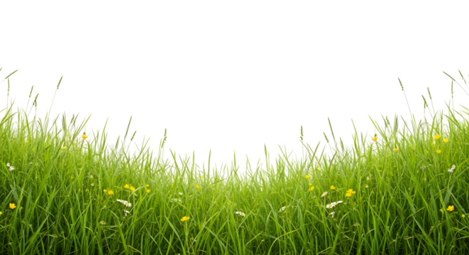 Curved border of bright green grass with small yellow and white wildflowers, isolated on transparent background.