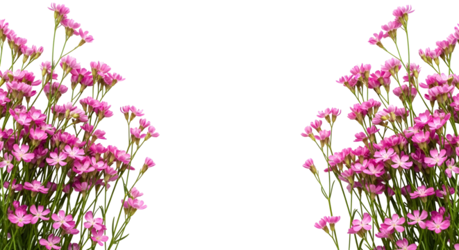 Symmetrical frame of tall, vivid pink flowers on green stems, isolated on transparent background.