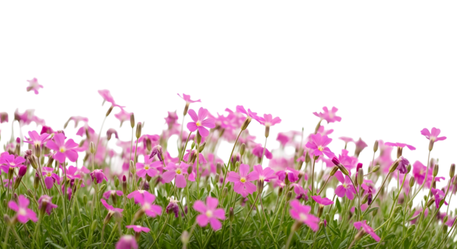 Dense border of small pink flowers and green stems across the bottom, isolated on transparent background. - Powered by Adobe