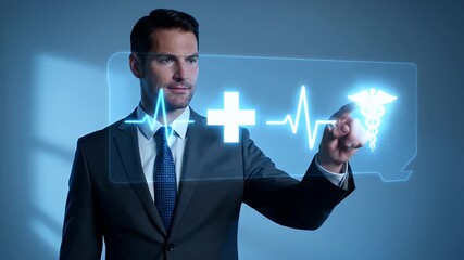 Professional Man Touching Holographic Medical Interface with Medical Icons Heart Rate and Caduceus on Blue Background - Powered by Adobe