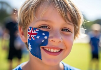 Young boy with Australian flag painted on his face smiling.