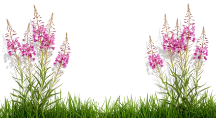 Symmetrical tall stalks of pink fireweed flowers over a border of green grass, isolated on transparent background.