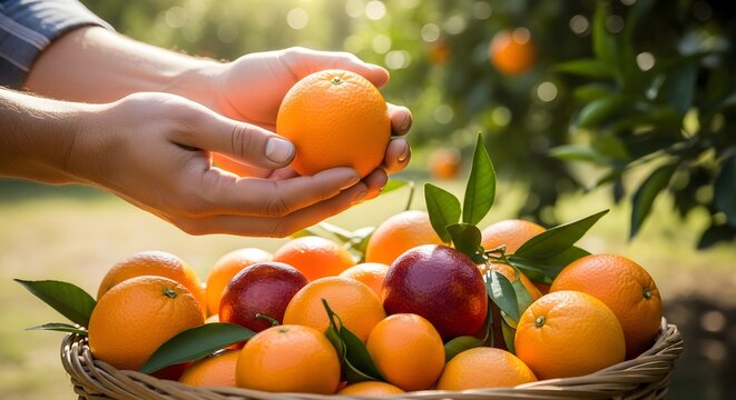 Hands holding a ripe orange above a basket filled with fresh oranges and nectarines, displayed outdoors in a sunlit orchard, highlighting organic harvest, healthy eating, and vibrant natural colors.

 - Powered by Adobe