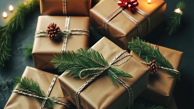 Stack of neatly wrapped gifts with pine branches on dark background, festive and elegant arrangement, warm holiday atmosphere, simple yet stylish, Christmas preparation