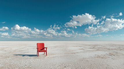 Bright red chair stands alone on vast salt flat under a blue sky with clouds