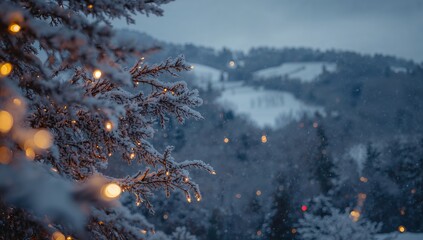 Cozy winter evening with snow covered branches adorned with warm fairy lights and a soft bokeh village backdrop