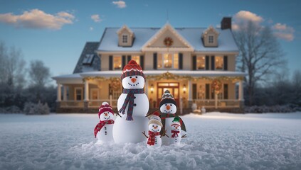 Joyful snowman family gathered on snowy lawn outside festive decorated home during winter holidays