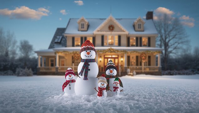 Joyful snowman family gathered on snowy lawn outside festive decorated home during winter holidays - Powered by Adobe