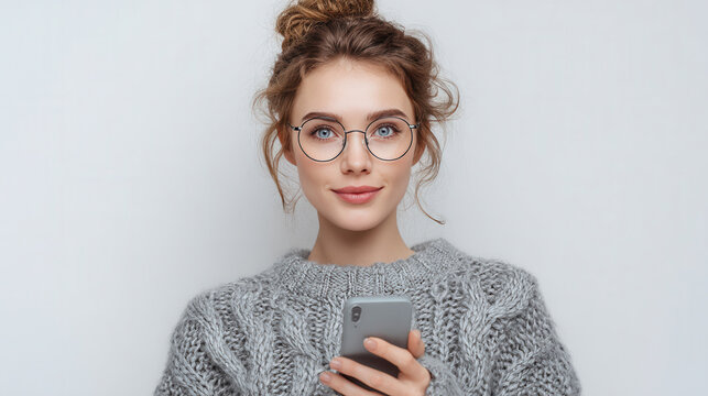 Young woman in cozy sweater using smartphone while smiling at camera in bright indoor setting - Powered by Adobe
