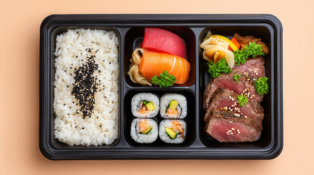Delicious sushi and steak bento box featuring fresh seafood and rice served on a vibrant background - Powered by Adobe