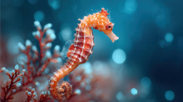 Colorful seahorse swimming near coral in a vibrant underwater scene