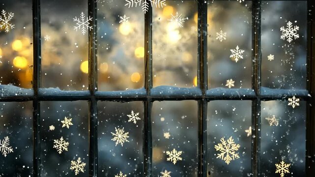 frosty window with snowflake patterns under glowing light, isolated textured background, symbolic representation of winter and delicacy, tranquil artistic theme