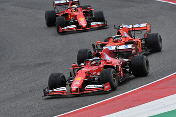 Naklejka premium Scarperia; Italy - October 24th 2025: Ferrari SF1000 ex Sebastian Vettel and Charles Leclerc in action during Ferrari World Finals 2025 at Mugello Circuit in Italy.
