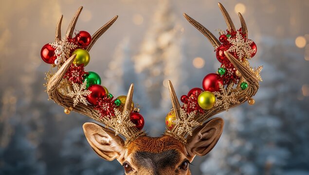 Festive reindeer antlers adorned with vibrant Christmas ornaments and glittering snowflakes create a magical winter holiday scene. - Powered by Adobe