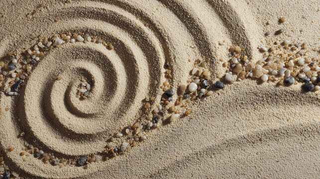 Swirling patterns in golden sand create a tranquil and meditative atmosphere in a zen garden
