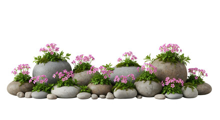 Decorative border of rounded stones/boulders topped with pink flowers, isolated on transparent background.