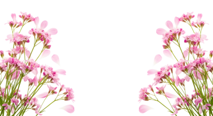 Symmetrical tall pink flowers with falling petals framing the center, isolated on transparent background.