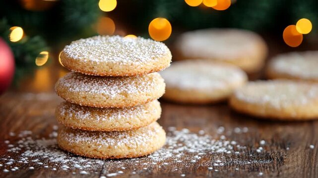 Festive cookies stacked with sugar dusting in holiday setting