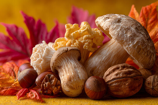 Composition with mushrooms, nuts and autumn leaves on yellow background