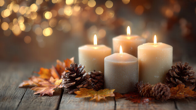 Warm candles glow among autumn leaves and pine cones, creating a cozy atmosphere for fall evenings