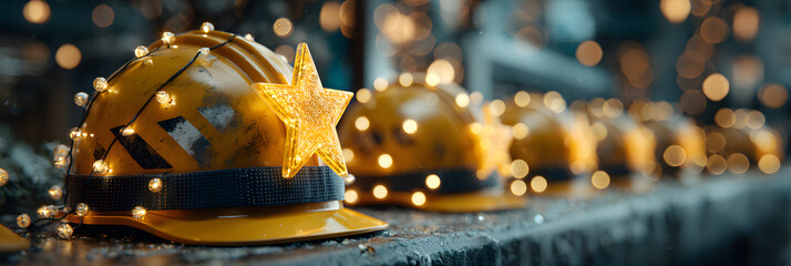 Christmas tree made of yellow construction helmets with glowing star and lights, celebrating Christmas in the construction industry, with a festive atmosphere and bokeh effect in a dark background