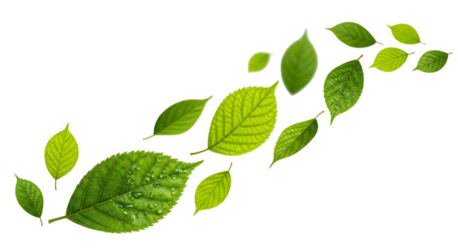 Scattered green leaves flowing diagonally upward and to the right, isolated on transparent background.
