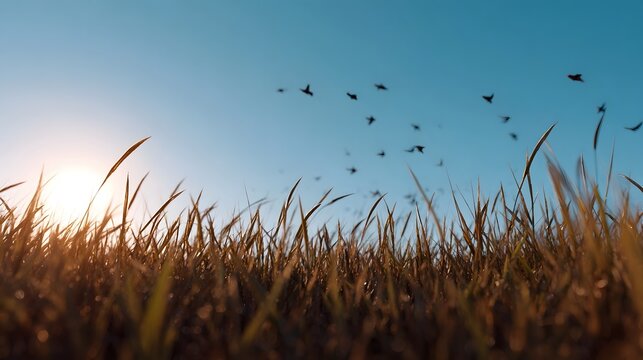 A flock of birds soars across a clear blue sky above sunlit grass during the golden hour at dawn