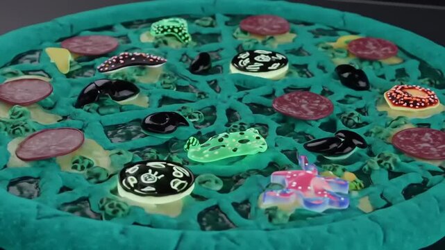 Abstract pizza creation with vibrant green crust and unique colorful toppings design