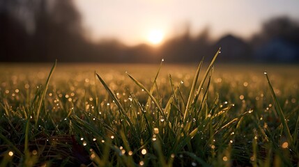 Serene sunrise illuminates dew drops on blades of green grass creating a tranquil natural atmosphere with soft golden light