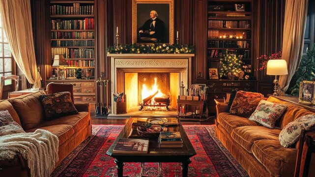 Warm and cozy living room with plush sofas, crackling fireplace, and winter decorations