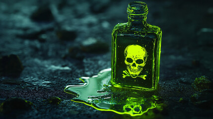 Glowing green poison bottle with skull symbol spills hazardous liquid on dark surface
