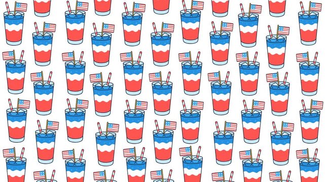 Seamless pattern of refreshing red, white, and blue drinks with small American flags. Ideal for Fourth of July themes, holiday parties, festive backgrounds, and patriotic celebration visuals