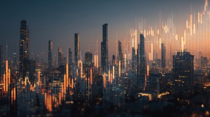 Futuristic City Skyline with Digital Data Overlay in Night Lighting