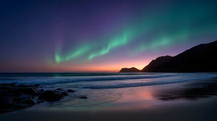 Spectacular Northern Lights illuminate a twilight ocean beach scene with waves and reflections