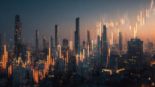 Futuristic City Skyline with Digital Data Overlay in Night Lighting