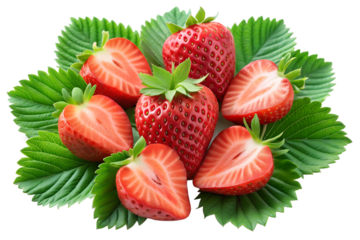  strawberries isolated on transparent white background full depth of field clipping path