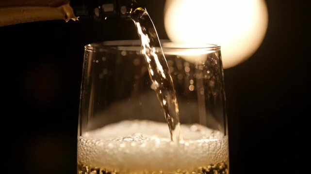 Macro Pour of Golden Champagne into Crystal Flute 