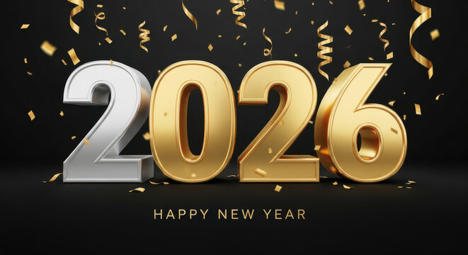 Happy New Year 2026 celebration with confetti and gold lettering