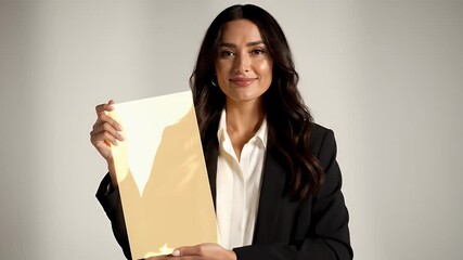 Elegant Brunette Woman Smiling Holding Yellow Folder Wearing Black Blazer and White Shirt Against Gray Background with Soft Lighting Style Studio Shot