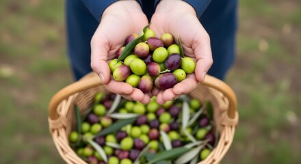 Hands holding a generous handful of freshly picked green and purple olives above a basket brimming with olives and leaves, set outdoors in a sunlit grove, symbolizing organic harvest and Mediterranean
